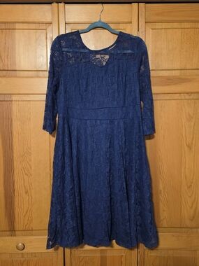 Lace-Overlay 3/4 Length Sleeve Navy Dress